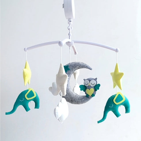 Elephant Owl Moon Cot Mobile - Teal & Yellow