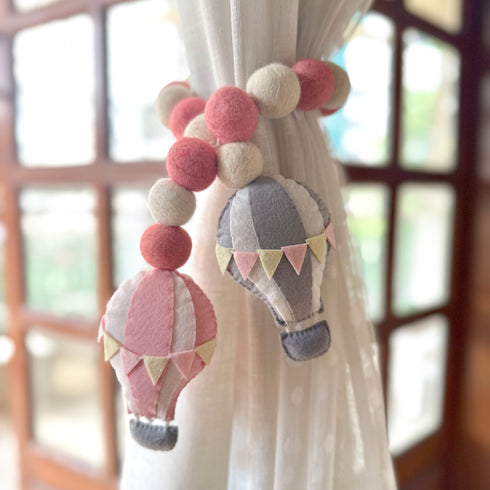 Pink Hot Air Balloons and Felt Ball - Curtain Tie Pair
