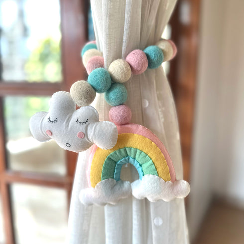 Rainbow, Cloud and Felt Ball - Curtain Tie Pair