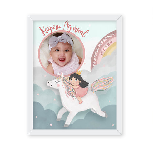 Illustrated Baby Girl Birth Detail Frame - Unicorn Skies