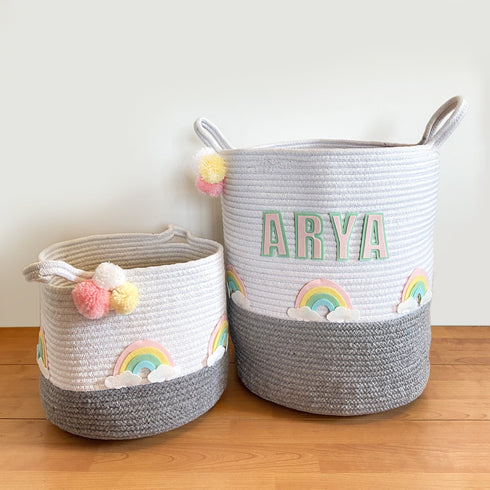 Rainbow - Grey Rope Personalised Storage Basket