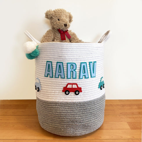 Little Cars - Grey Rope Personalised Storage Basket