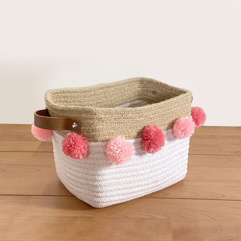 Jute & Cotton Rope Basket Small with Pink Pom Poms