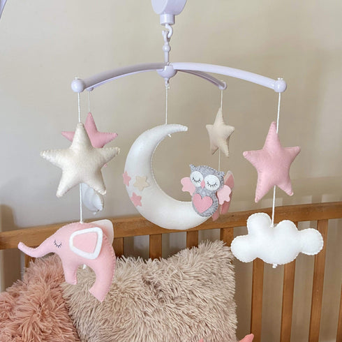 Elephant Owl Moon Cot Mobile - Pink And White