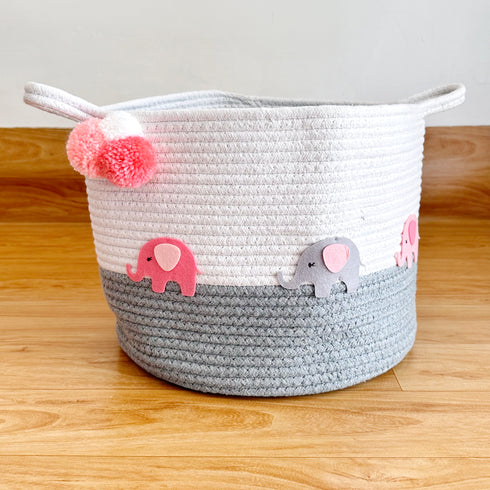 Pink Elephant Grey Rope Personalised Storage Basket