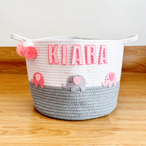 Pink Elephant Grey Rope Personalised Storage Basket