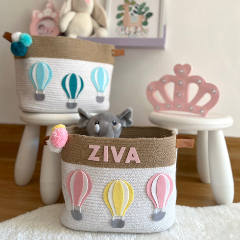 Blue Hot Air Balloons - Jute & Cotton Rope Storage Basket