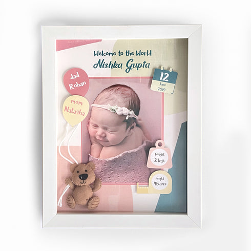 Pink & Green Teddy Birth Statistics Frame