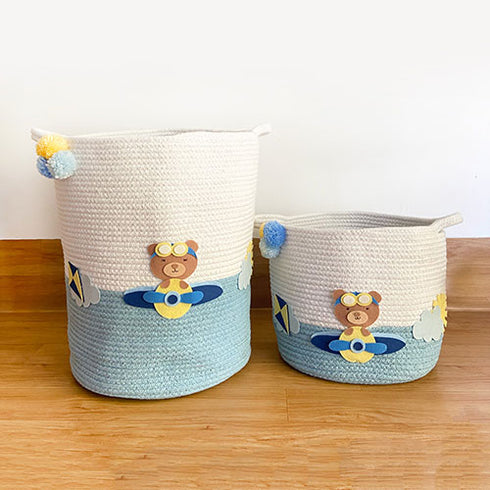 Teddy & Airplanes - Blue Rope Personalised Storage Basket