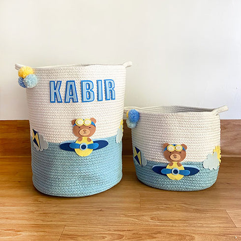 Teddy & Airplanes - Blue Rope Personalised Storage Basket