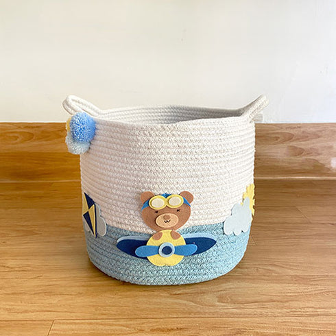 Teddy & Airplanes - Blue Rope Personalised Storage Basket