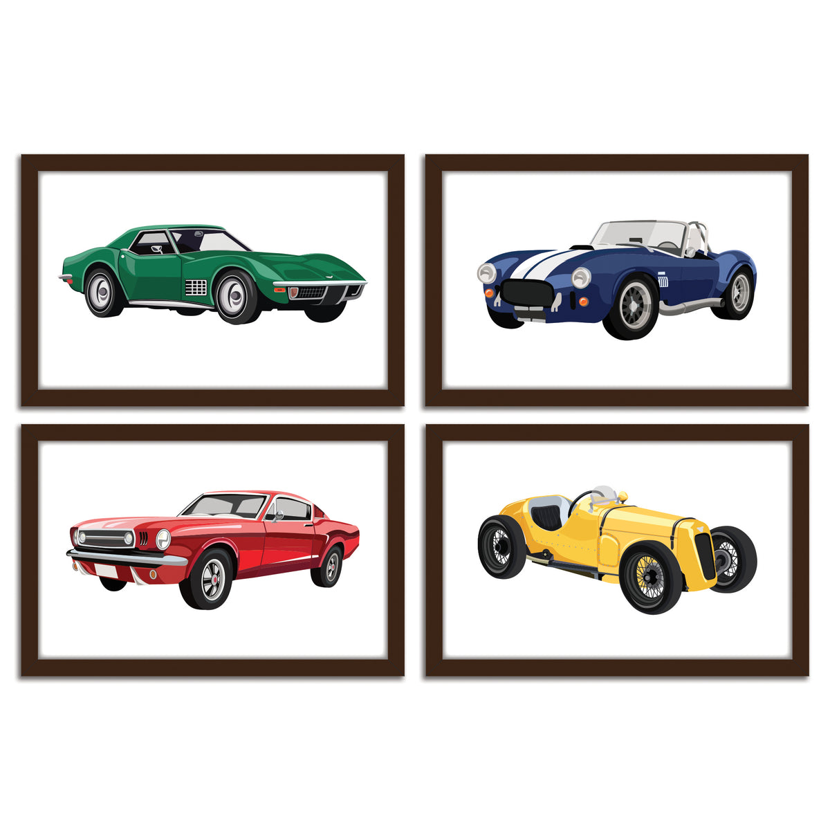 Classic Sports Cars Theme Nursery Hand Illustrated Wall Art Frames