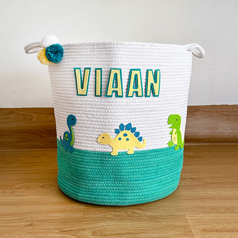 Dinosaur Adventures - Green Rope Personalised Storage Basket