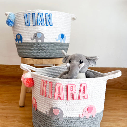 Pink Elephant Grey Rope Personalised Storage Basket