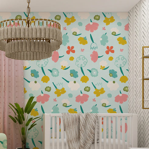 Flower Power Nursery Wallpaper - Icy Blue