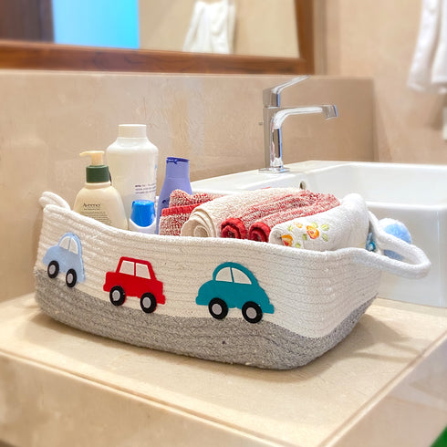 Grey Cotton Rope Hamper Basket - Little Cars