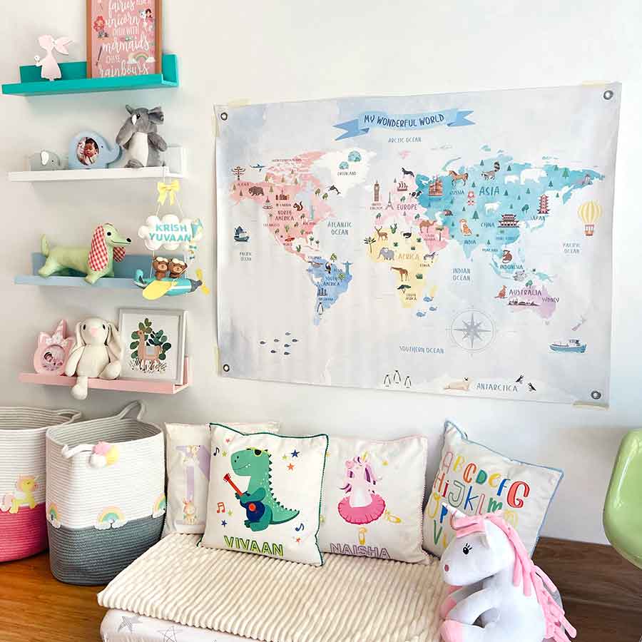 Hand Illustrated Printed World Map Cotton Canvas Wall Poster Kids Room ...