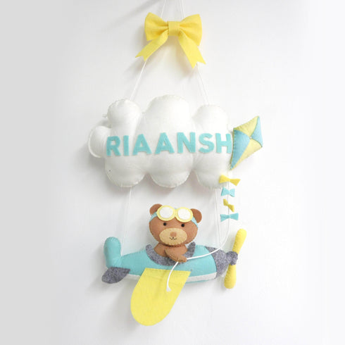 Teddy on an airplane - Personalised Wall Hanging - Blue