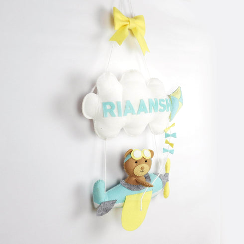 Teddy on an airplane - Personalised Wall Hanging - Blue