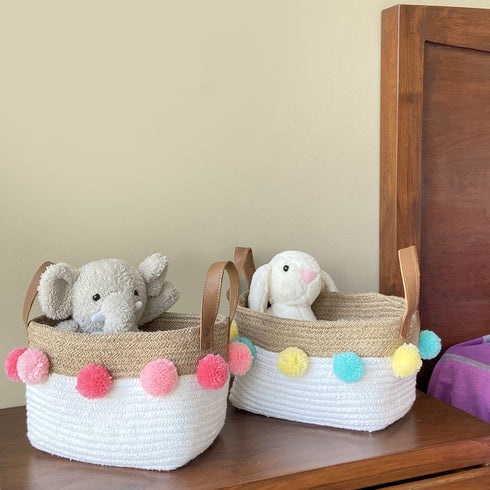 Jute & Cotton Rope Basket Small with Yellow and Teal Pom Poms
