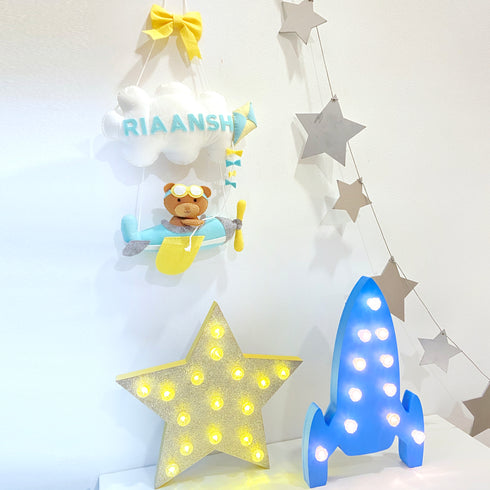 Teddy on an airplane - Personalised Wall Hanging - Blue