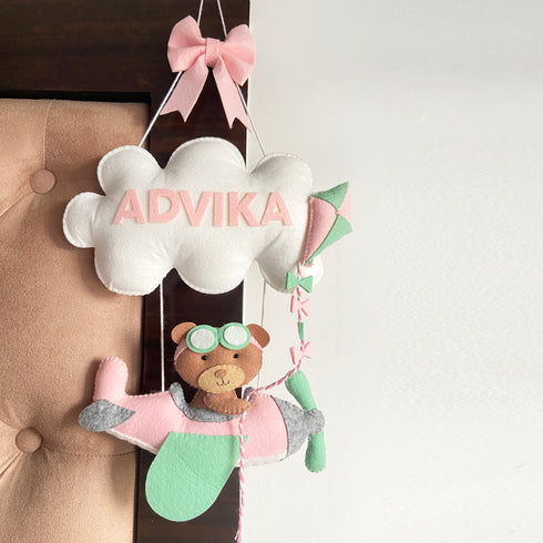 Teddy on an airplane - Personalised Wall Hanging - Pink