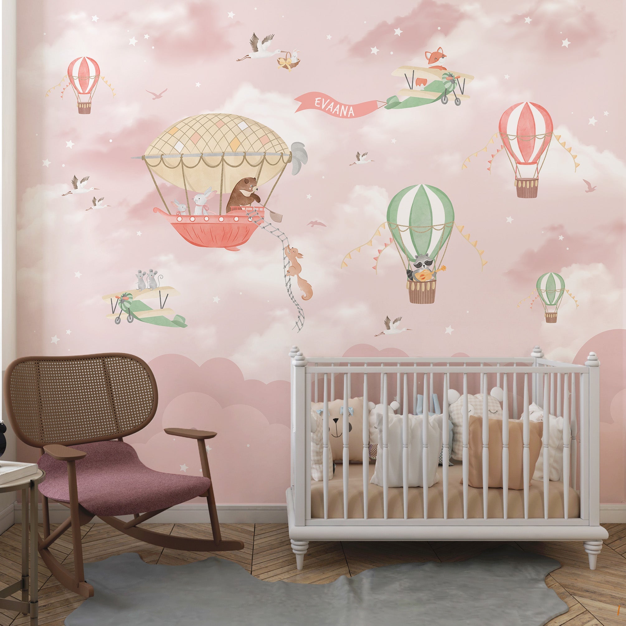 Pink Personalised Hot Air Balloon Wallpaper