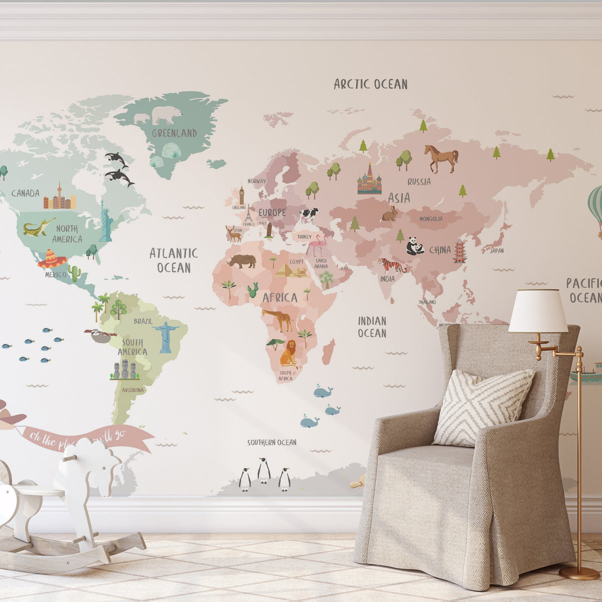 Nursery Décor Kids Room Pastel Illustrated Animal World Map Wallpaper ...