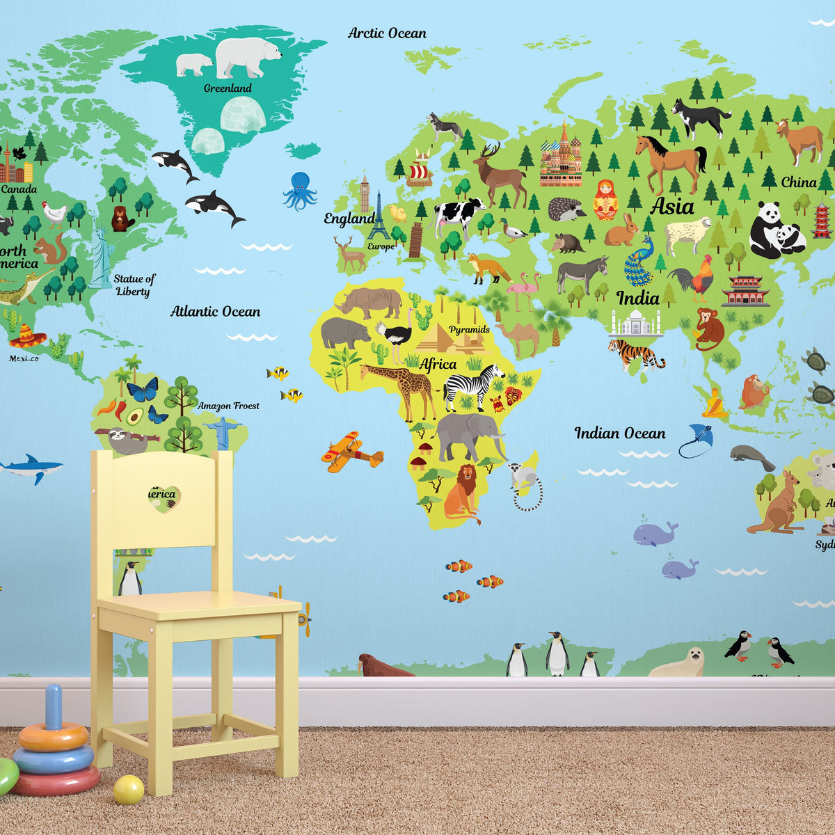 Nursery Décor Kids Room Children's Illustrated Animal World Map ...