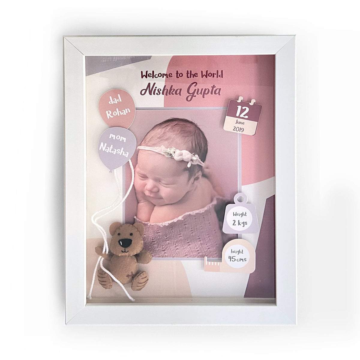 Pink & Purple Teddy Birth Statistics Frame – GWD Kids