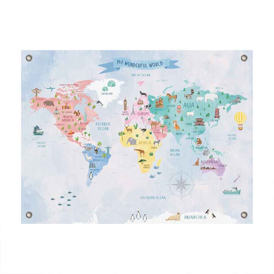 Hand Illustrated Printed World Map Cotton Canvas Wall Poster Kids Room ...