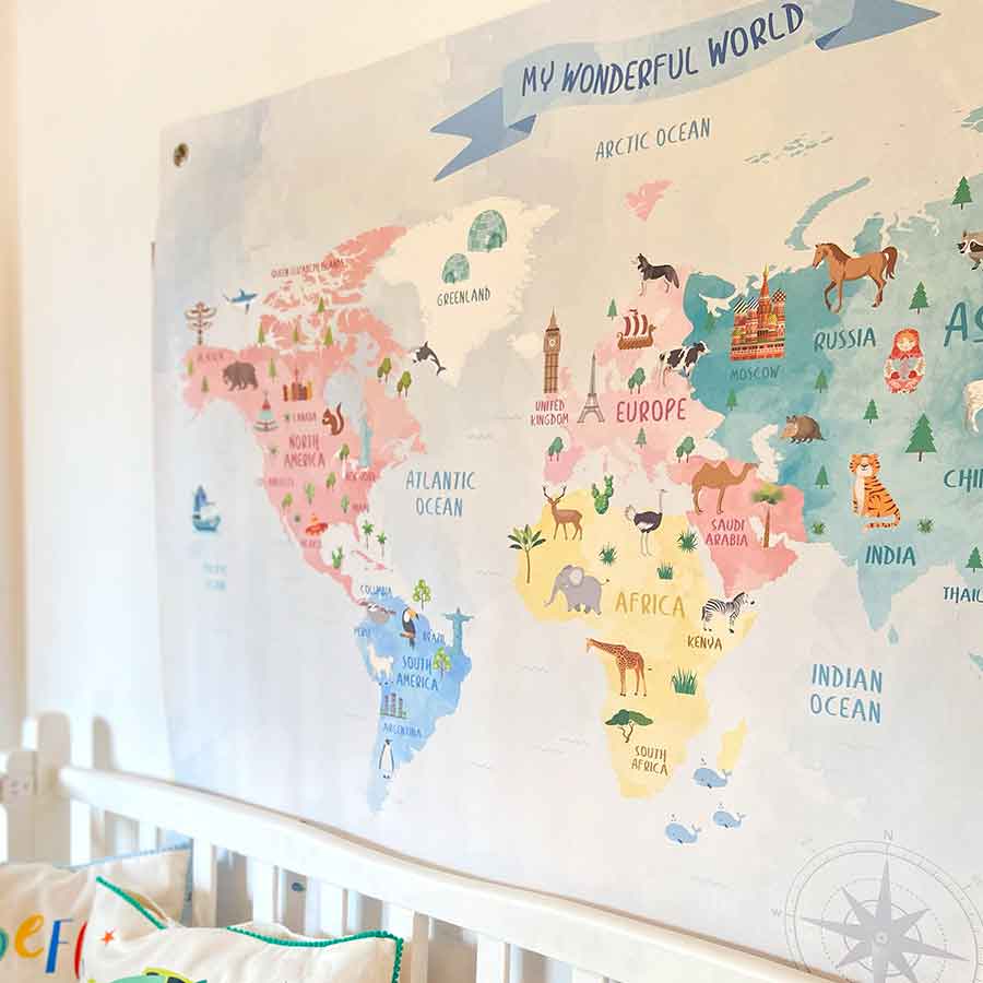 Hand Illustrated Printed World Map Cotton Canvas Wall Poster Kids Room ...