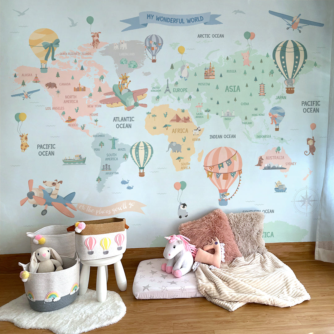 Nursery Hot Air Balloon World Map Wallpaper for Boys or Girls Room -  SocialPrint